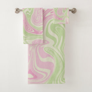 Abstract Marble Pink Green Wavy Stripe Modern  Bath Towel Set