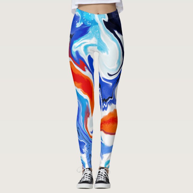 Abstract Marble Red Orange Blue Purple Pattern Leggings (Front)