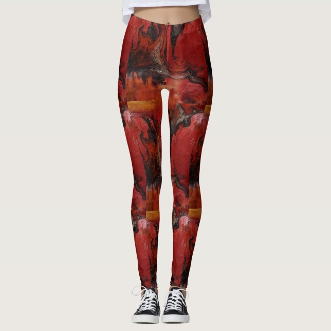 Abstract Marble Repeating Red Charcoal Pattern Leggings (Front)
