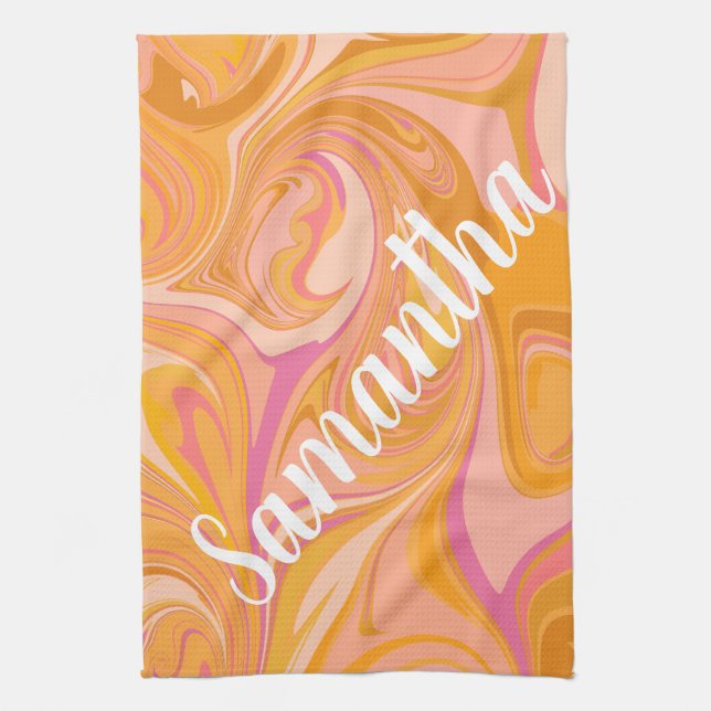 Abstract Marble Swirl Art in Yellow Tea Towel (Vertical)