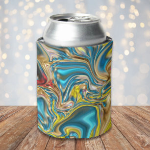 abstract marble swirls yellow teal turquoise blue can cooler