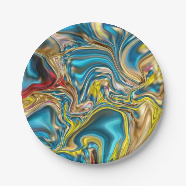 abstract marble swirls yellow teal turquoise blue paper plate (Front)