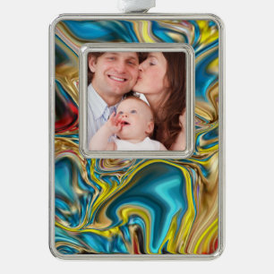 abstract marble swirls yellow teal turquoise blue silver plated framed ornament