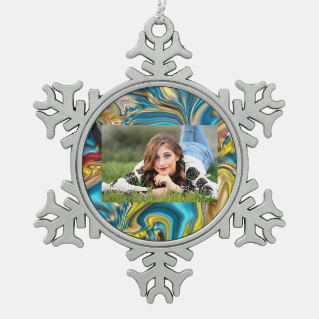 abstract marble swirls yellow teal turquoise blue snowflake pewter christmas ornament (Front)