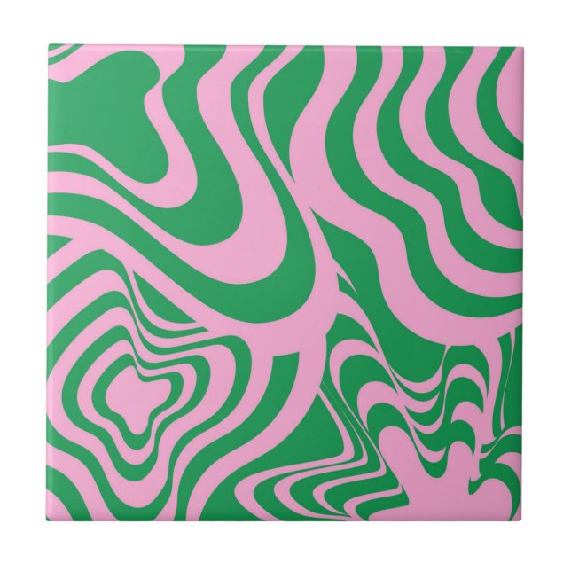 Abstract Marble Wavy Stripe Green Pink Retro Bold  Tile (Front)