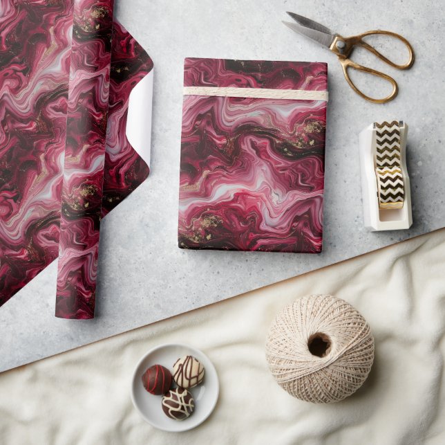 Abstract Marbled Artwork with Deep Red, Pink Wrapping Paper (Crafts)