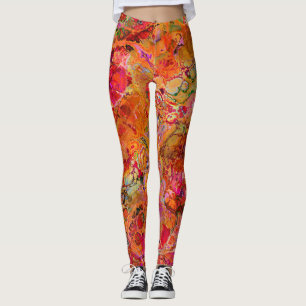 Abstract Marbled Pattern in Red and Orange Leggings