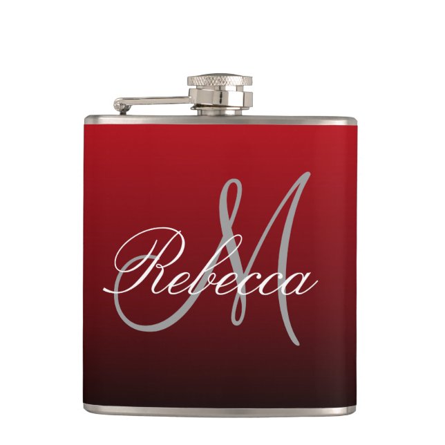 abstract marsala maroon grey burgundy monograms hip flask (Front)
