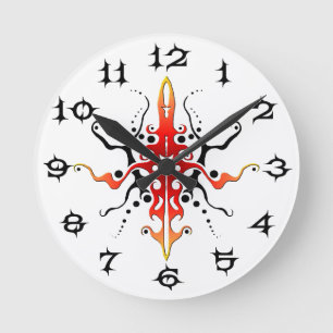 Abstract Mask Tribal Tattoo Design - red Round Clock