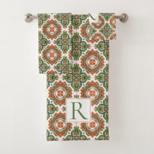 Abstract Mediterranean green orange pattern Bath Towel Set