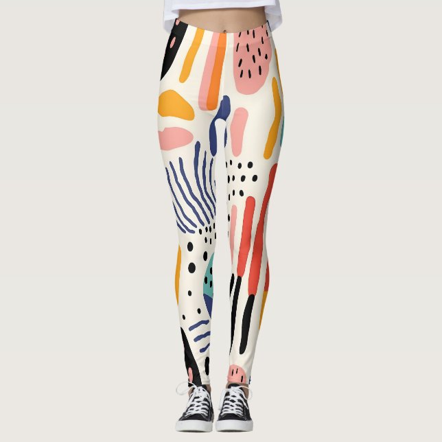 Abstract Memphis Organic Shapes Pattern Leggings (Front)