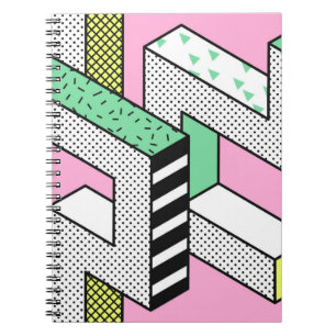 Abstract Memphis Seamless Patterns with 3d Geometr Notebook