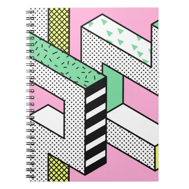 Abstract Memphis Seamless Patterns with 3d Geometr Notebook (Front)
