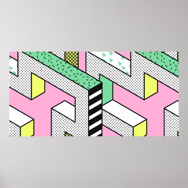 Abstract Memphis Seamless Patterns with 3d Geometr Poster (Front)