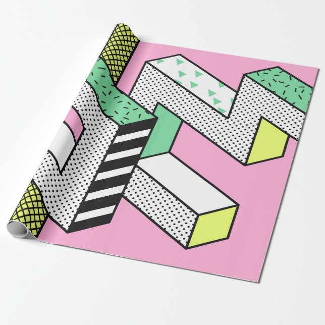 Abstract Memphis Seamless Patterns with 3d Geometr Wrapping Paper (Unrolled)