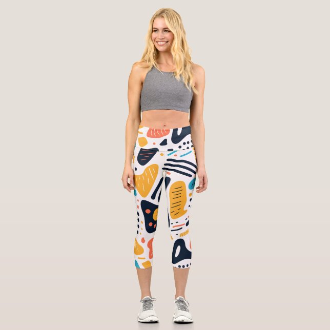 Abstract Memphis Style Organic Shapes Pattern Capri Leggings (Front)
