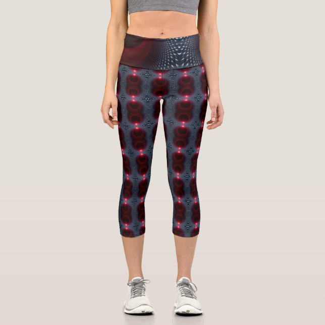 Abstract Metallic Echo Chamber with Red Soundwave Capri Leggings (Front)