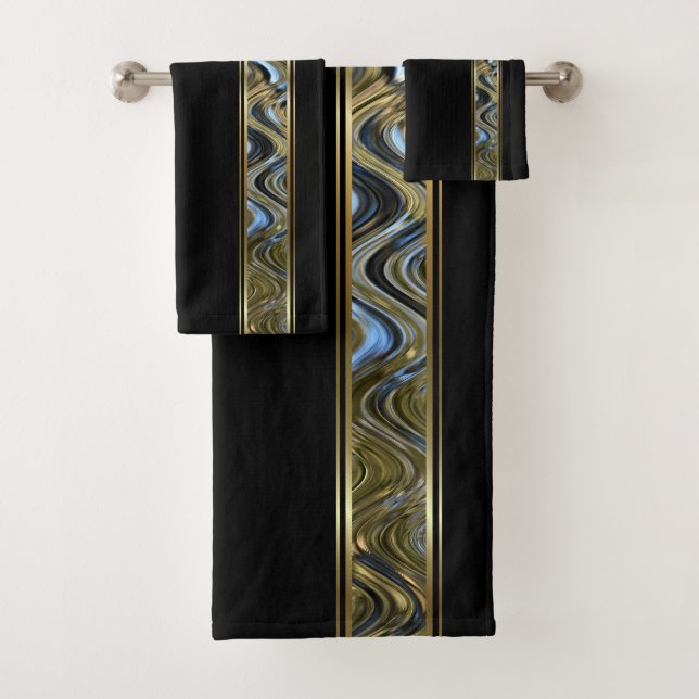 Abstract Metallic Gold and Blue Waves on Black Bath Towel Set (Insitu)