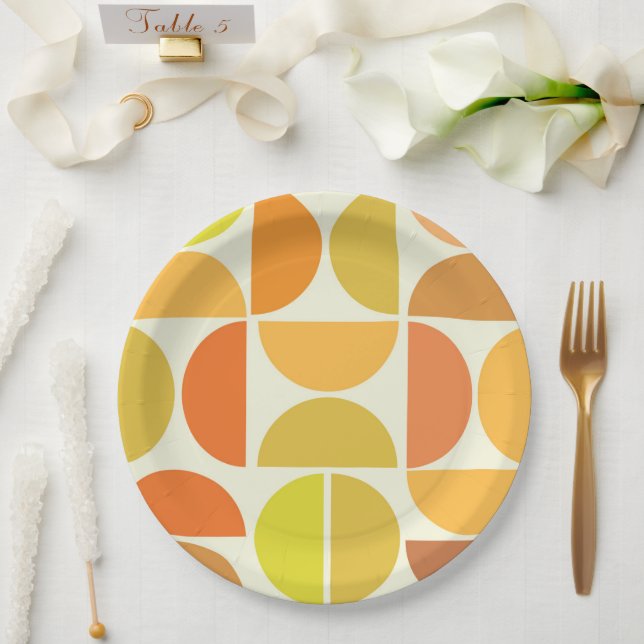 Abstract Mid century modern circles orange yellow  Paper Plate (Wedding)