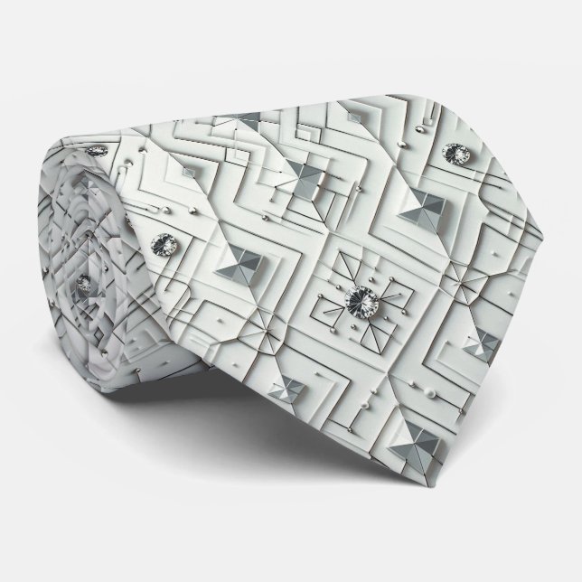 Abstract Mid Century Modern White Diamonds Tie (Rolled)