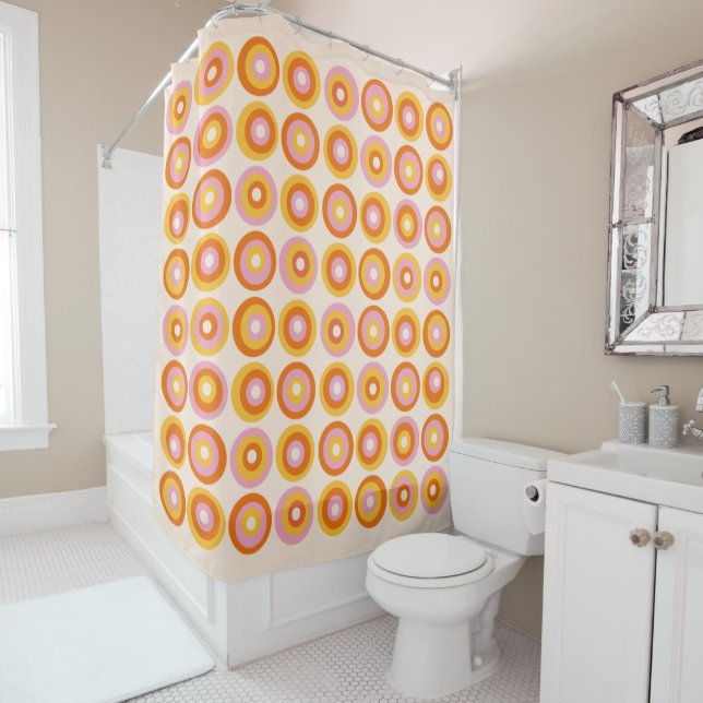 Abstract Mid Century Orange Circles Pattern Shower Curtain (In Situ)