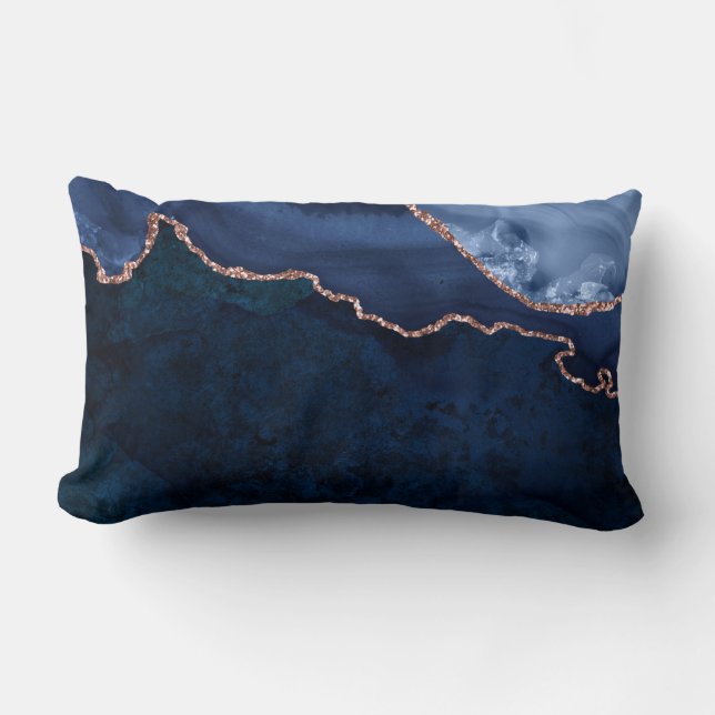 Abstract Midnight Blue Marble With Rose Gold Lumbar Cushion (Front)