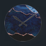 Abstract Midnight Blue Marble With Rose Gold Round Clock<br><div class="desc">Abstract midnight blue marble with rose gold glitter accents,  chic modern design.</div>