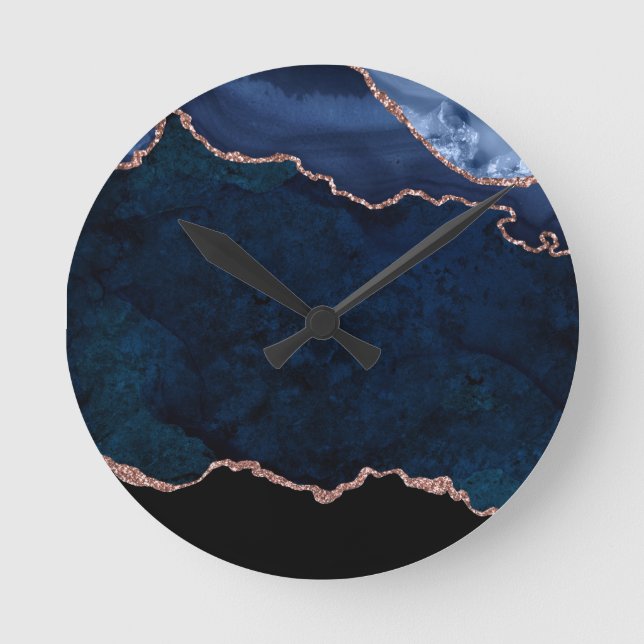 Abstract Midnight Blue Marble With Rose Gold Round Clock (Front)