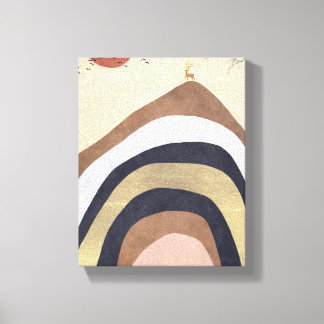 Abstract Minimalist Mountain With Deer Sun Birds Canvas Print