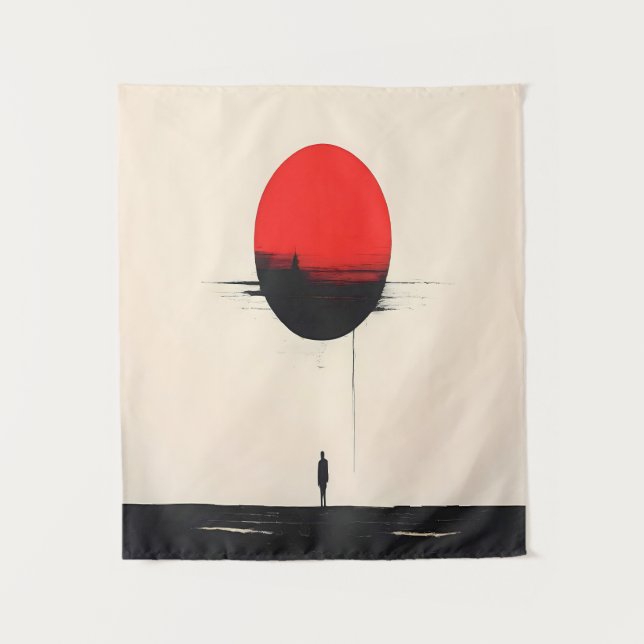 Abstract Minimalist Red Sun and Solitude Art Tapestry (Front)