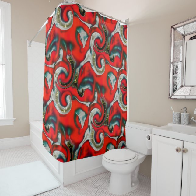 Abstract mix of red gradient stain over sandy grey shower curtain (In Situ)