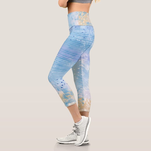 Abstract Mixed Media Blue Turquoise Yellow Capri Leggings (Left)