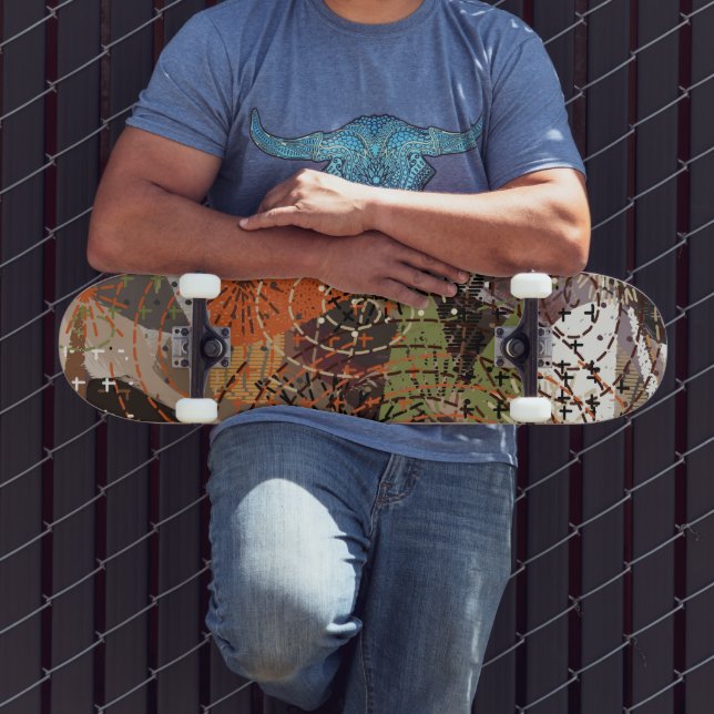 Abstract Mixed Media Earthy Autumnal Colours Skateboard (Outdoor 3)