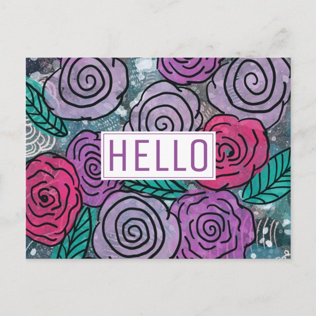 Abstract Mixed Media Floral Hello Postcard (Front)