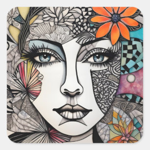 Abstract Mixed Media Womans Face Square Sticker