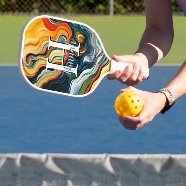 Abstract Modern Art Colourful Swirls Monogram Pickleball Paddle (Insitu)