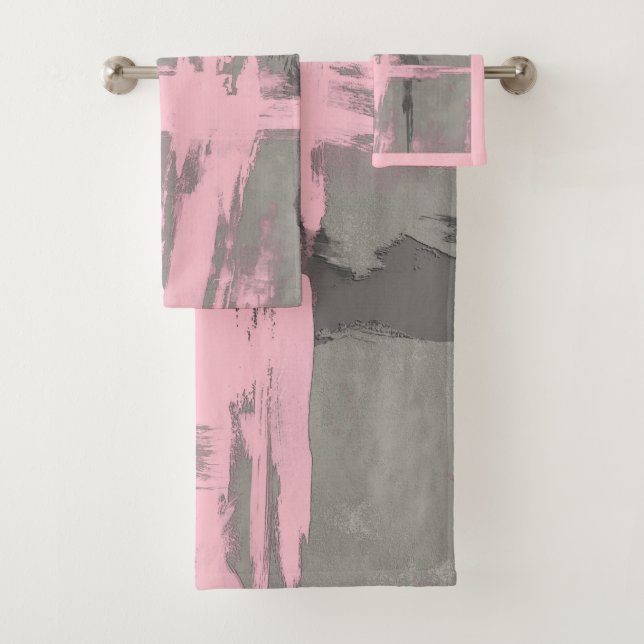 Abstract modern art style gray pink bath towel set (Insitu)