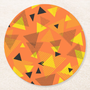 Abstract Modern Art Triangles Orange Yellow Black Round Paper Coaster