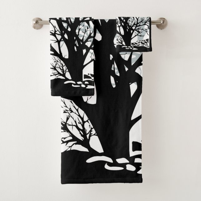 Abstract modern black tree silhouette shadow white bath towel set (Insitu)