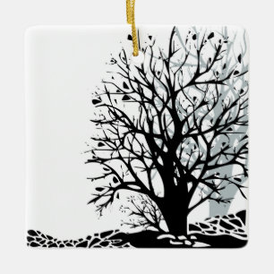 Abstract modern black tree silhouette shadow white ceramic ornament
