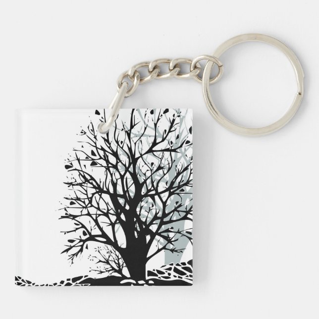 Abstract modern black tree silhouette shadow white key ring (Back)