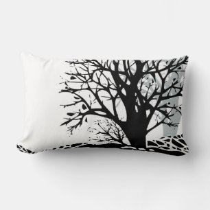 Abstract modern black tree silhouette shadow white lumbar cushion