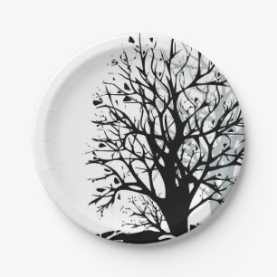 Abstract modern black tree silhouette shadow white paper plate