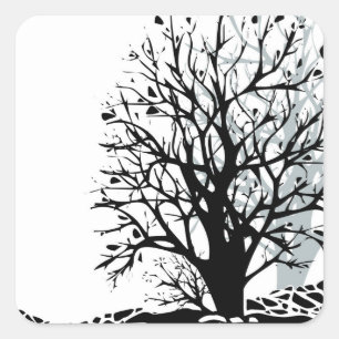 Abstract modern black tree silhouette shadow white square sticker