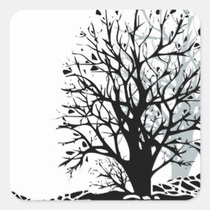 Abstract modern black tree silhouette shadow white square sticker
