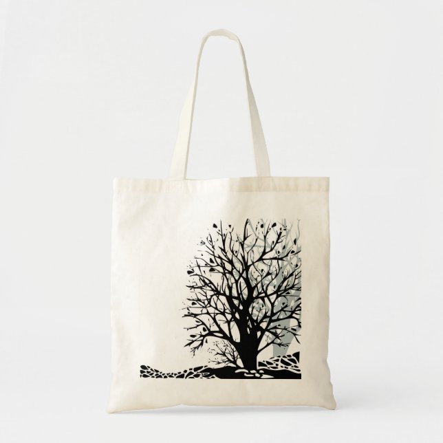 Abstract modern black tree silhouette shadow white tote bag (Front)