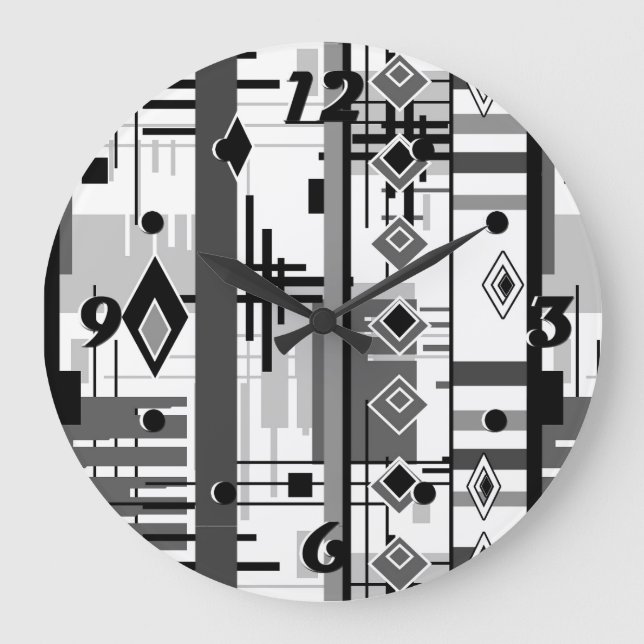 Abstract modern black white yellow ornament geo large clock (Front)