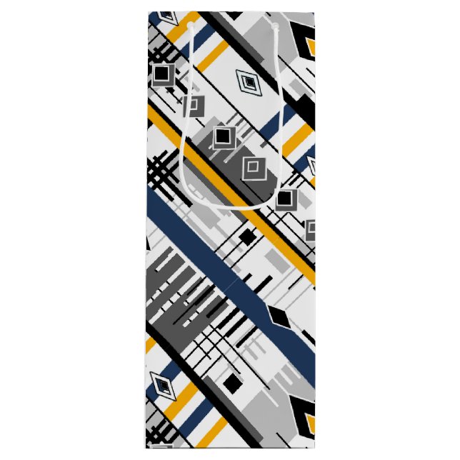 Abstract modern black white yellow ornament geomet wine gift bag (Front)