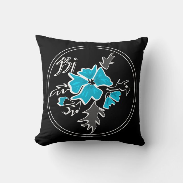 Abstract modern blue flower grey black leaves prin cushion (Front)