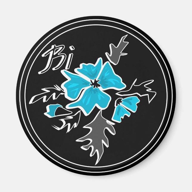 Abstract modern blue flower grey black leaves prin magnet (Front)